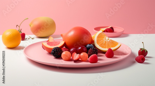 a plate of fruit on a pink background with a pink background. Generative Ai