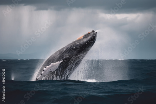 a humpback whale breaching the surface of the ocean. AI generative image. © ruang