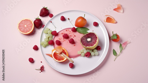 a plate of fruit and flowers on a pink background. Generative Ai
