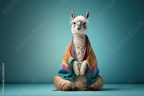 lama in boho clothes doing yoga, created with Generative AI technology