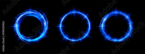 Magic fantasy portal. Round light frame, futuristic teleport. light effect. Blue, neon lights illuminate the night scene with sparks on a transparent background. empty podium light effect