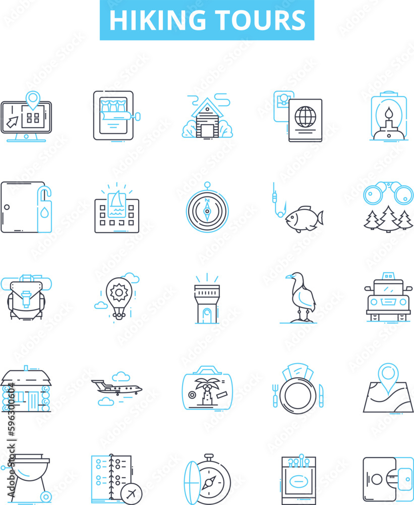 Hiking tours vector line icons set. Hiking, Tours, Trails, Trekking, Backpacking, Adventures, Outdoors illustration outline concept symbols and signs Hiking tours vector line icons set. Hiking, Tours, Trails, Trekking, Backpacking, Adventures, Outdoors illustration outline concept symbols and signs