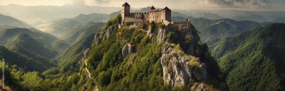 A Castle On A Mountain, Panoramic Background — Копия. Generative AI