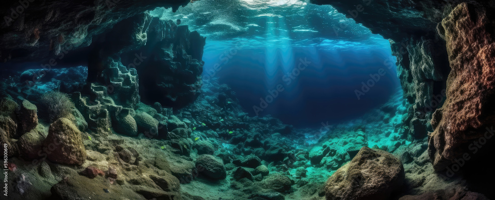 A Deep Underwater Cave With Coral Reefs Panoramic Background. Generative AI