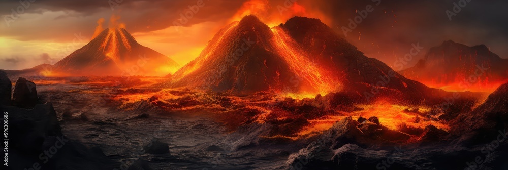 A Fiery Volcano With Molten Lava Panoramic Background. Generative AI - obrazy, fototapety, plakaty 