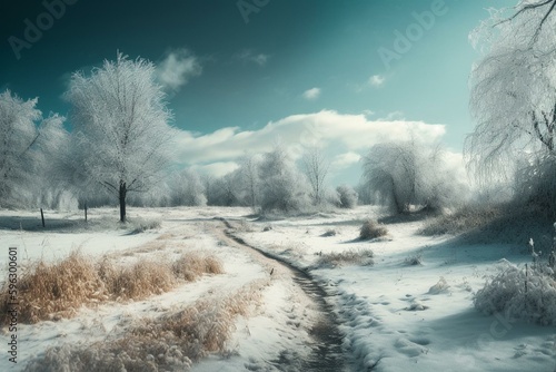 A snow-covered winter landscape with a turquoise background. Generative AI © Elara