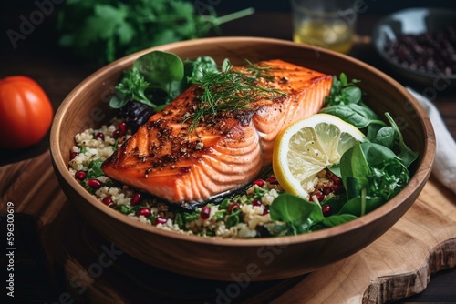 Nutritious bowl with grilled salmon and quinoa. Generative AI