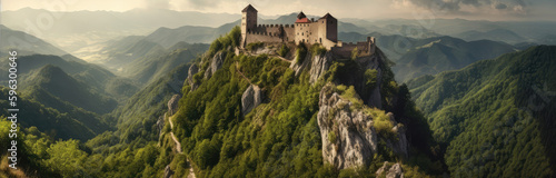 A Castle On A Mountain, Panoramic Background. Generative AI
