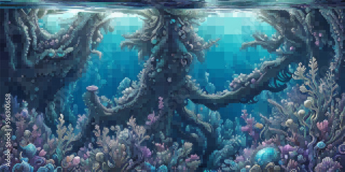 Underwater landscape. Aquatic background. Vector colorful illustration. Rectangular design.