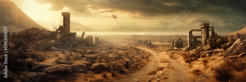 A Barren Wasteland With Ruins And Sandstorms Panoramic Background. Generative AI