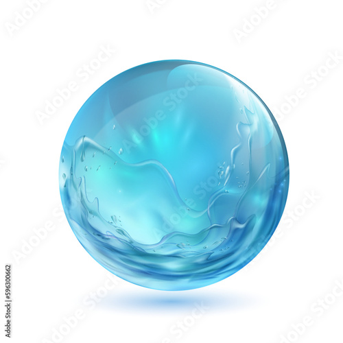 Transparent sphere or ball with water splashes inside. Isolated on white background. Vector illustration.