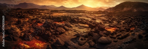A Fiery Wasteland With Volcanic Rocks Panoramic Background. Generative AI