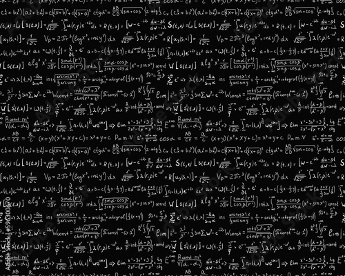Seamless pattern mathematical and algebraic formulas and equations. Isolated on black background. Vector illustration.