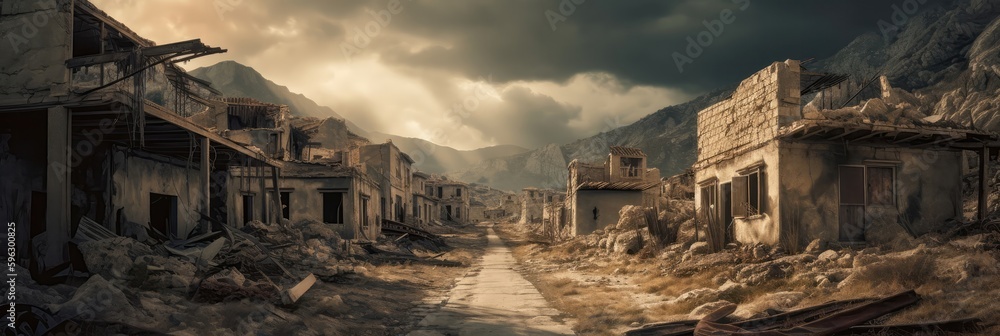 A Ruined And Abandoned Town Panoramic Background. Generative AI