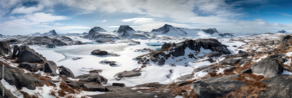 A Snowy Tundra With Icy Caves Panoramic Background. Generative AI