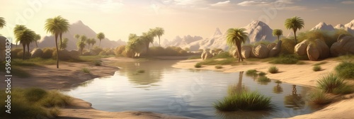 A Peaceful Oasis In The Desert Panoramic Background. Generative AI