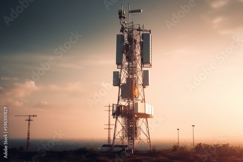 Antenna tower for 5G internet communication equipment, illuminated by sunlight. Generative AI