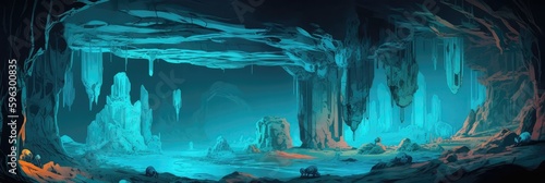 A Series Of Interconnected Caves With Glowing Crystals Panoramic Background. Generative AI © Ян Заболотний