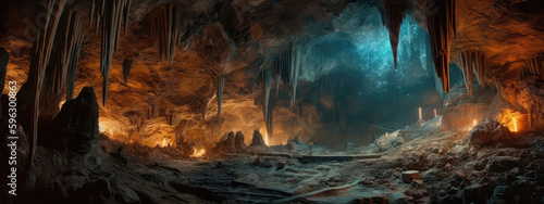 A Series Of Interconnected Caves With Glowing Crystals Panoramic Background. Generative AI