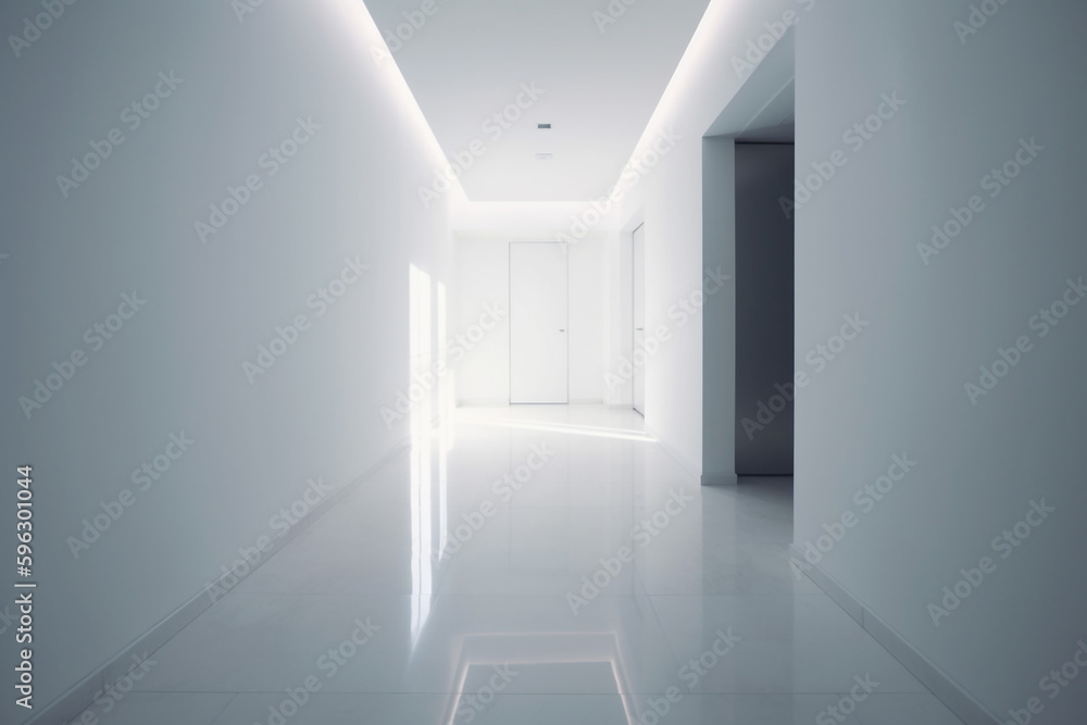 a long hallway with white walls and light. Generative Ai a long hallway with white walls and light. Generative Ai