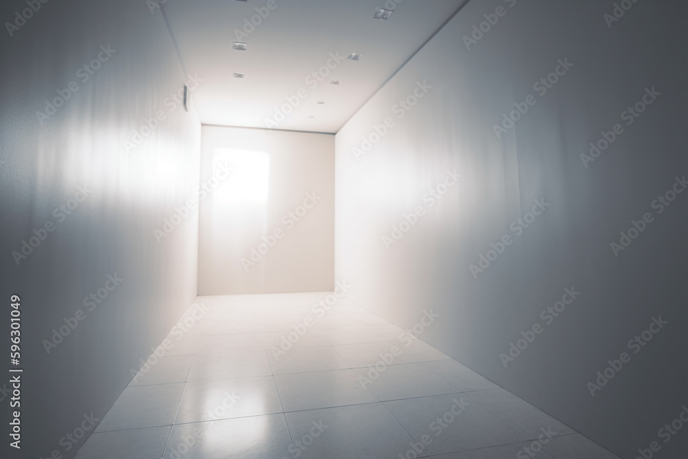 a long white hallway with a light coming in from the window. Generative Ai a long white hallway with a light coming in from the window. Generative Ai