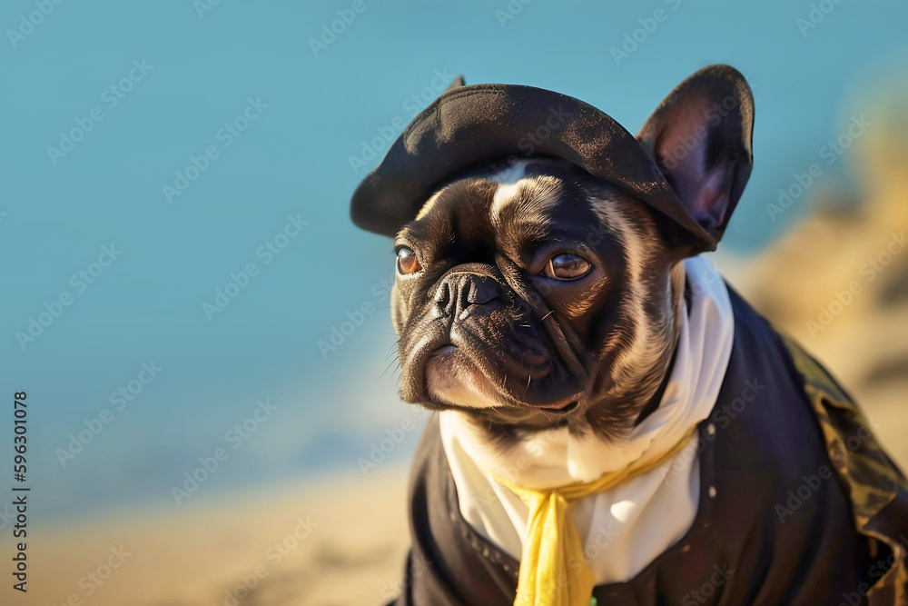 French Bulldog dog dressed up in pirate costume. Generative AI illustration