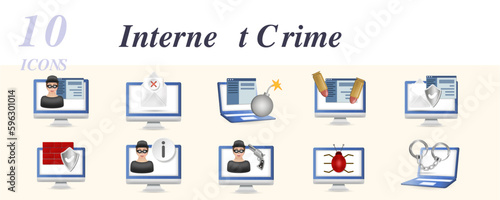 Internet crime set. Creative icons: spyware, spam, cyber risk, ddos attack, data encryption, cyber defense, hacking information, online crime, cyber worm, cybercrime.