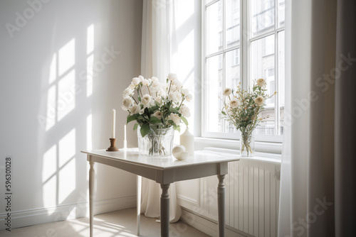 a white table with flowers in front of a window. Generative Ai © PETR BABKIN