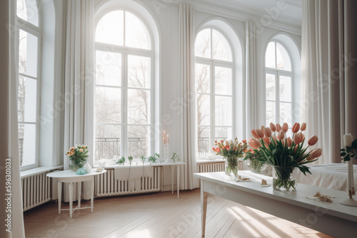 there are many windows in this room with a lot of flowers on the table. Generative Ai