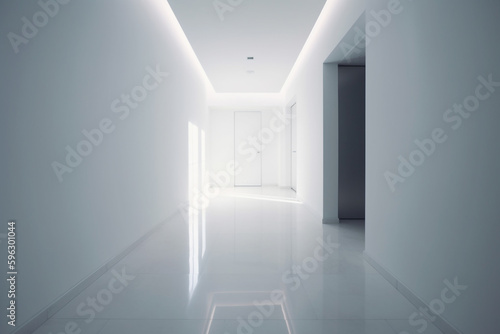 a long hallway with white walls and light. Generative Ai