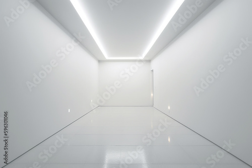 a view of a long white hallway with a light at the end. Generative Ai