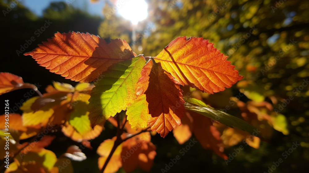 Fototapeta premium close-up of autumn leaves shining in the sun. Generative Ai