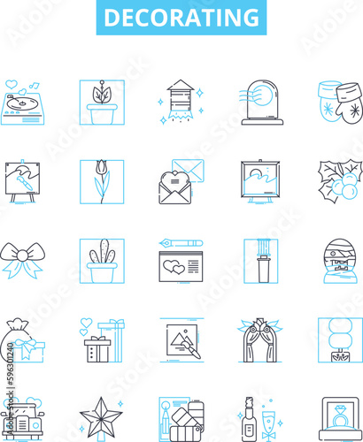 Decorating vector line icons set. Paint, Wallpaper, Furnishings, Curtains, Rugs, Carpets, Artwork illustration outline concept symbols and signs
