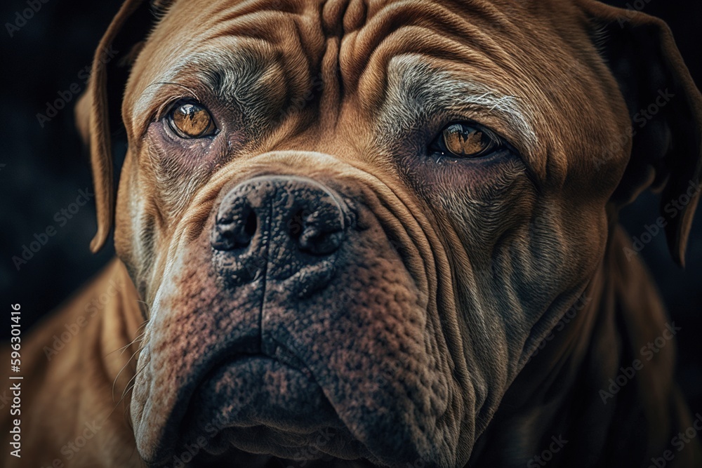 dogue de bordeaux close up. wrinkled dog. Generated by AI
