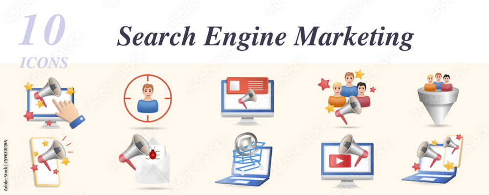 Search engine marketing set. Creative icons: direct marketing, focus group, web banner, social campaing, lead conversion, mobile marketing, viral marketing, e-commerce, video marketing, digital Search engine marketing set. Creative icons: direct marketing, focus group, web banner, social campaing, lead conversion, mobile marketing, viral marketing, e-commerce, video marketing, digital