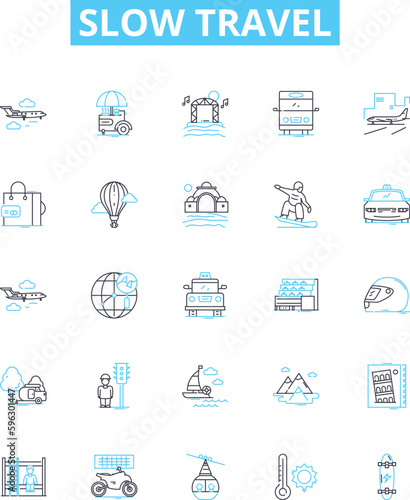 Slow travel vector line icons set. Slow, Travel, Sustainable, Ecotourism, Responsible, Community-based, Local illustration outline concept symbols and signs