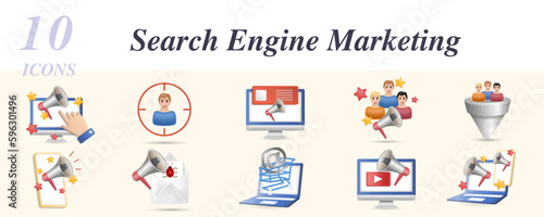 Search engine marketing set. Creative icons: direct marketing, focus group, web banner, social campaing, lead conversion, mobile marketing, viral marketing, e-commerce, video marketing, digital