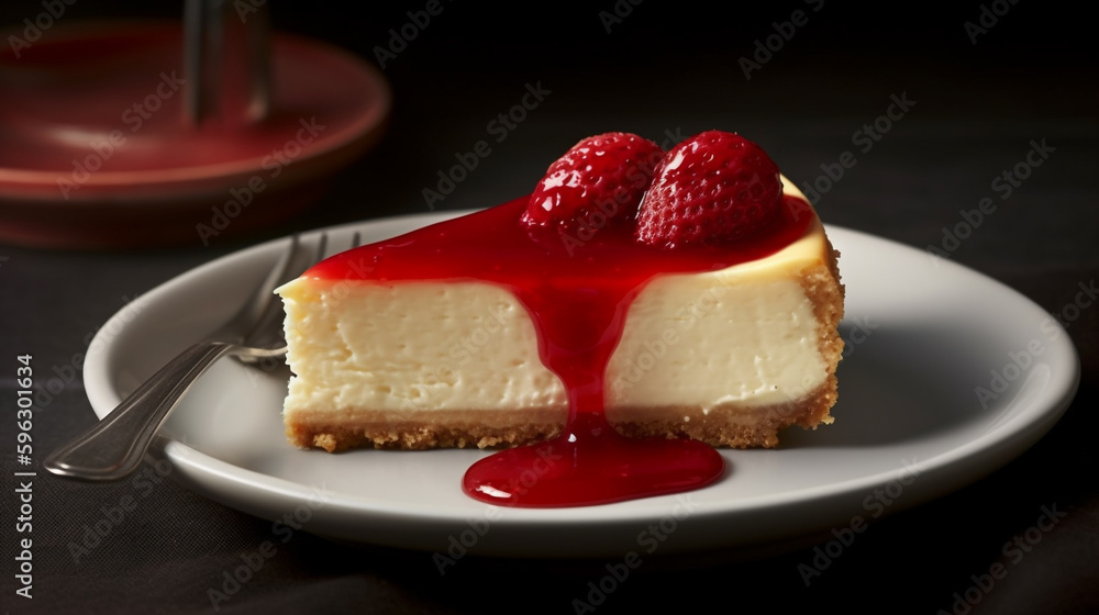 a slice of cheesecake with raspberry sauce on top. Generative Ai