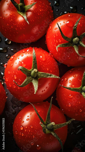 Tomatoes with drops of water, top view. Food background. 