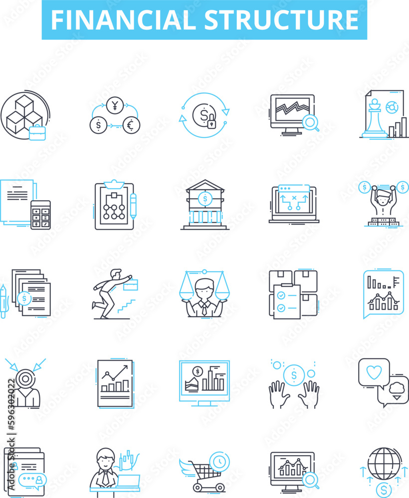 Financial structure vector line icons set. Finance, Structure, Capital, Funds, Assets, Equity, Debt illustration outline concept symbols and signs Financial structure vector line icons set. Finance, Structure, Capital, Funds, Assets, Equity, Debt illustration outline concept symbols and signs