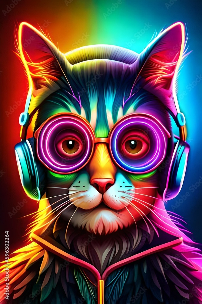 Cool cat wearing glasses and headphones. Neon theme.
Created with generative Ai technology.