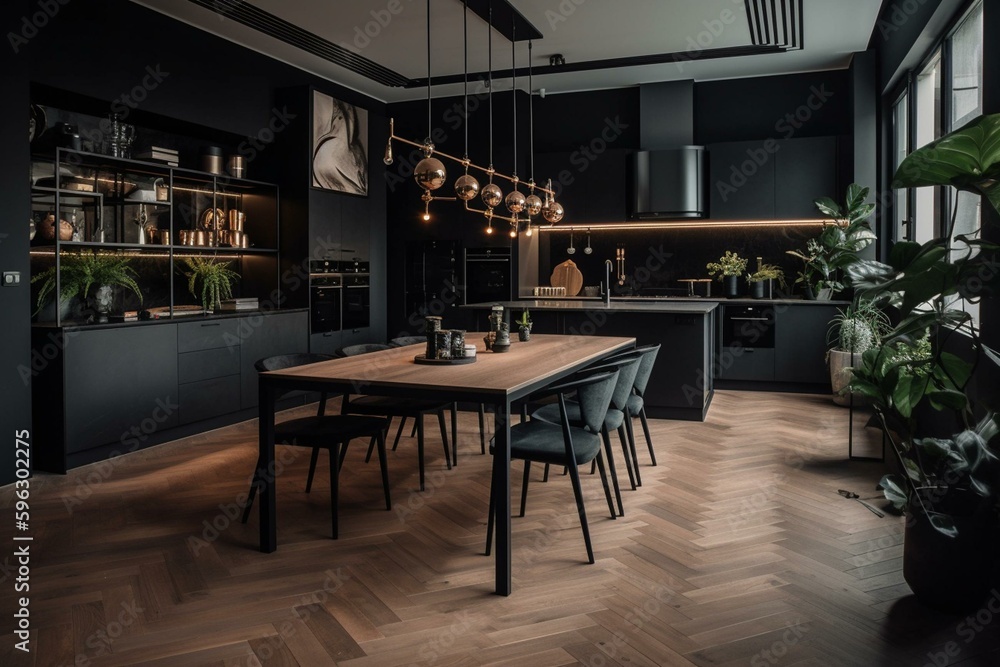 Matte black kitchen & dining area with open plan layout. Generative AI
