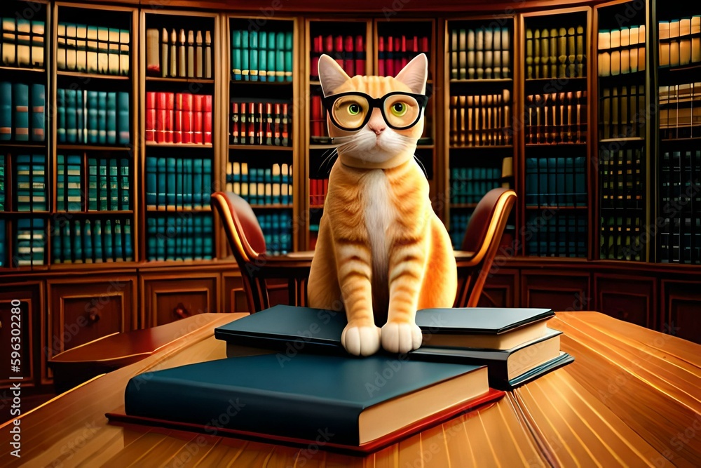 Intellectual cat wearing glasses in library setting. Concept of intellectual. Created with generative Ai technology. Intellectual cat wearing glasses in library setting. Concept of intellectual. Created with generative Ai technology.