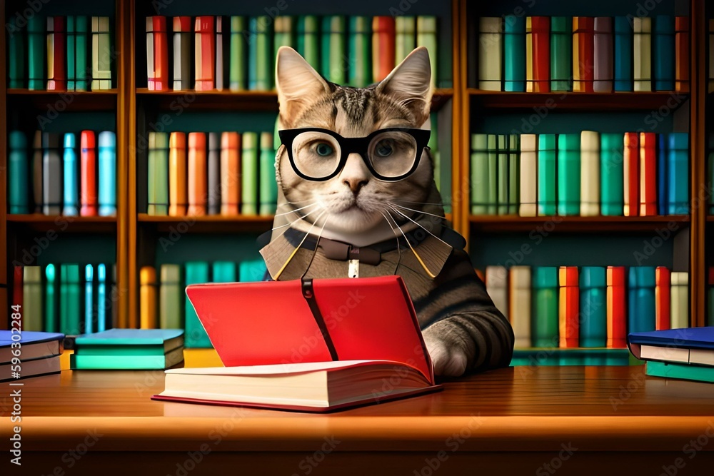 Intellectual cat wearing glasses in library setting. Concept of intellectual. Created with generative Ai technology.