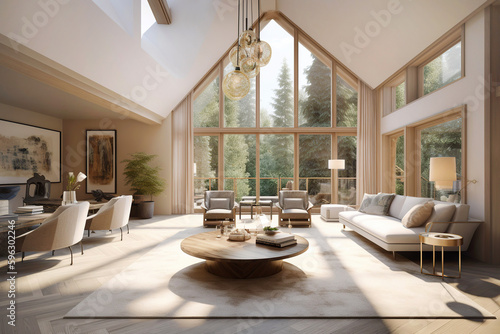 Traditional home interior design of modern living room with vaulted ceiling. Created with generative AI
