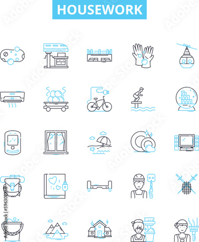Housework vector line icons set. Cleaning, Dusting, Laundering, Vacuuming, Mopping, Ironing, Dishes illustration outline concept symbols and signs