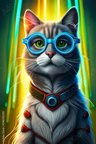 Cool cat wearing blue glasses. Neon theme. Created with generative Ai technology.