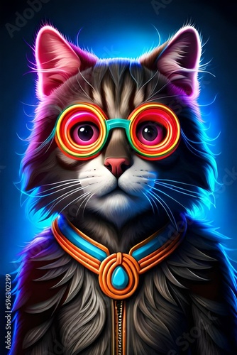 Cool cat wearing glasses. Neon theme. Created with generative Ai technology.