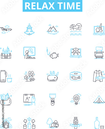 Relax time vector line icons set. Unwind, Recharge, Soothe, Repose, Recline, Tranquilize, Unburden illustration outline concept symbols and signs