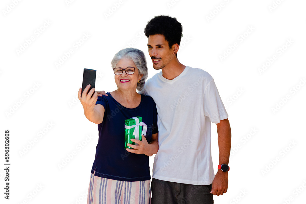 Caucasian mother and her black son isolated on white background. Caucasian mother and her black son isolated on white background.